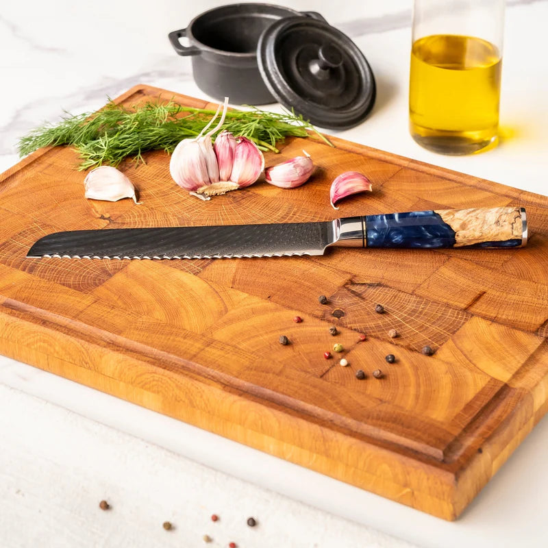 Japanese Epoxy Sapphire Damascus Bread Knife 20 cm, Serrated Kitchen Knife, alternate view