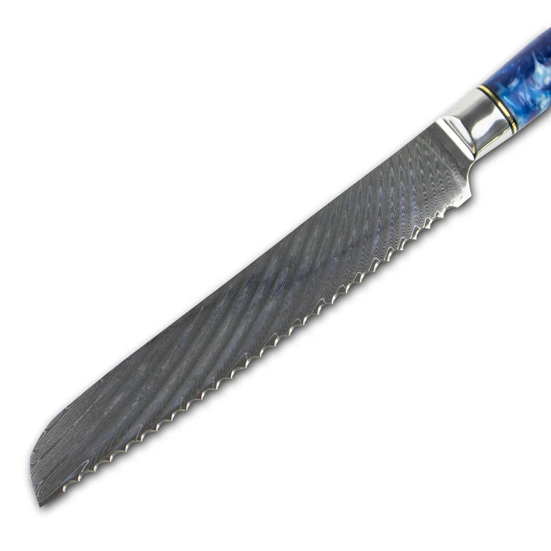 Japanese Epoxy Sapphire Damascus Bread Knife 20 cm, Serrated Kitchen Knife, alternate view