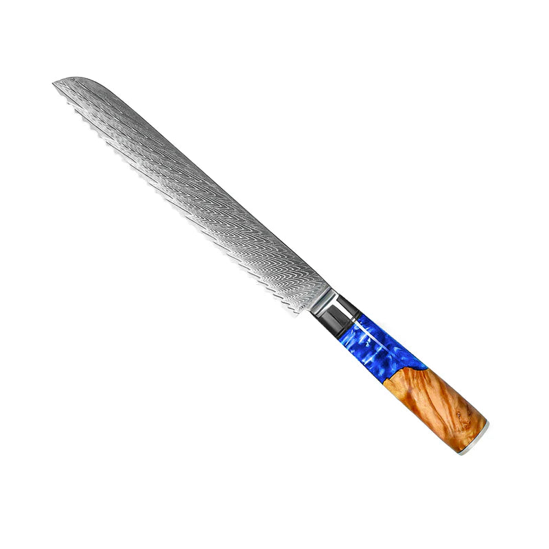 Japanese Epoxy Sapphire Damascus Bread Knife 20 cm, Serrated Kitchen Knife