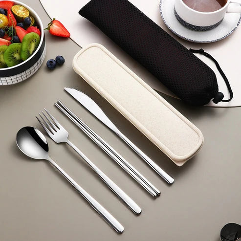 Japanese Eri Portable Stainless Steel Cutlery Set - Chopsticks, Spoon & Case - Green-gold from Japanese Kitchen Supply