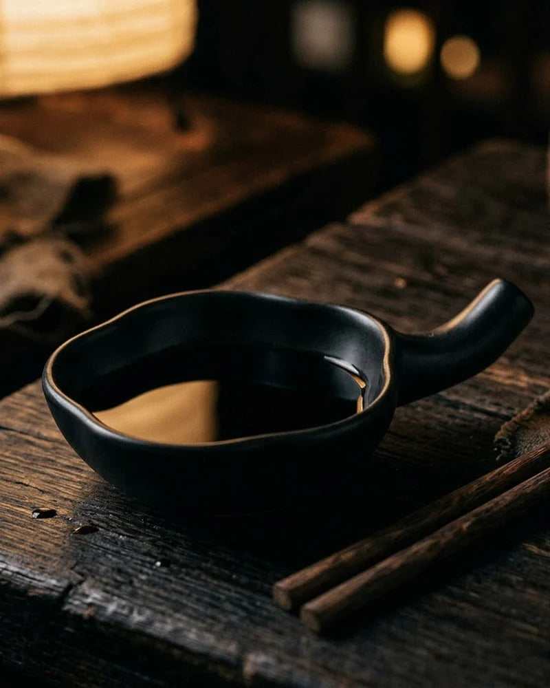 Japanese Hajimemashite Ceramic Sauce Bowl with Chopsticks Holder - alternate angle from Japanese Kitchen Supply
