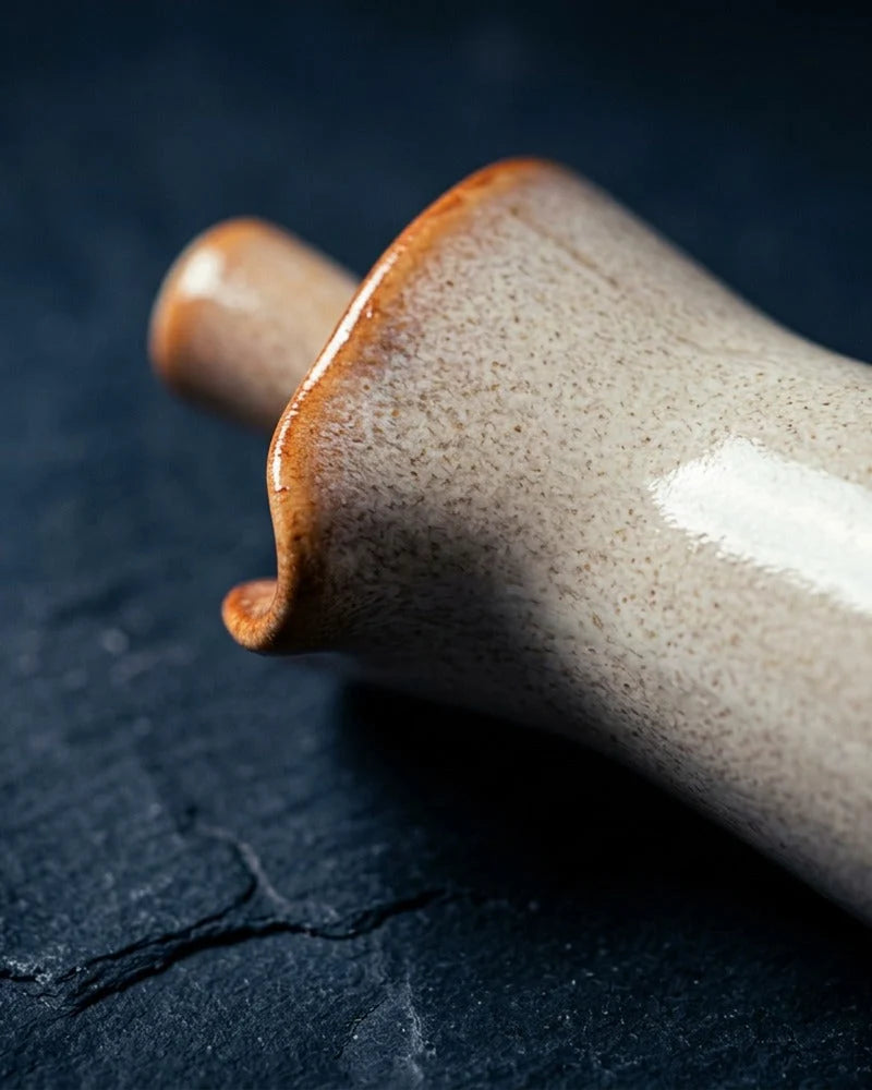 Japanese Hoshi Ceramic Sauce Dispenser - Tabletop Bottle for Soy Sauce - close-up detail from Japanese Kitchen Supply