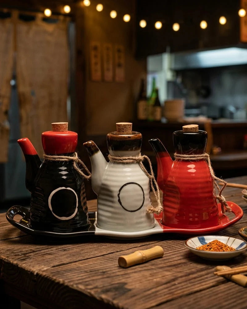 Japanese Ima Ceramic Sauce Dispenser - Tabletop Bottle for Soy Sauce - set view from Japanese Kitchen Supply