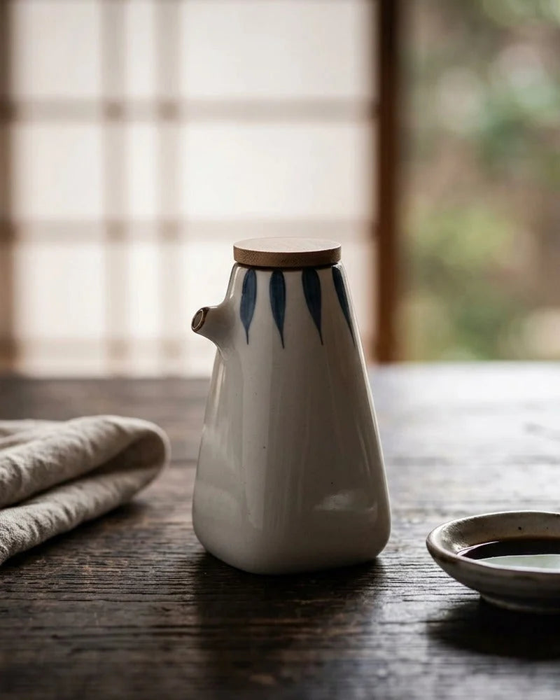 Japanese Itsu-tsu Ceramic Sauce Dispenser - Tabletop Bottle for Soy Sauce - alternate angle from Japanese Kitchen Supply