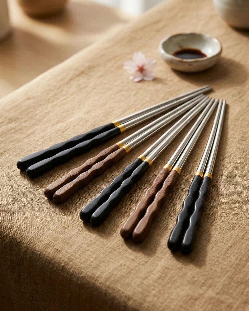 Japanese Kanagawa Stainless Steel Chopsticks Set of 5 Chopsticks & Cutlery Set - set view from Japanese Kitchen Supply