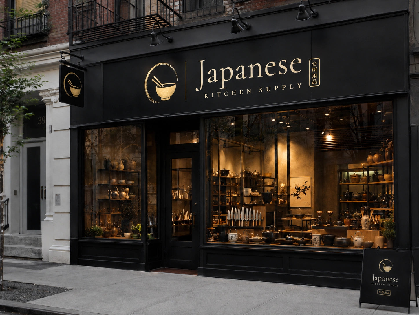 Storefront of Japanese Kitchen Supply Manhattan with illuminated interior