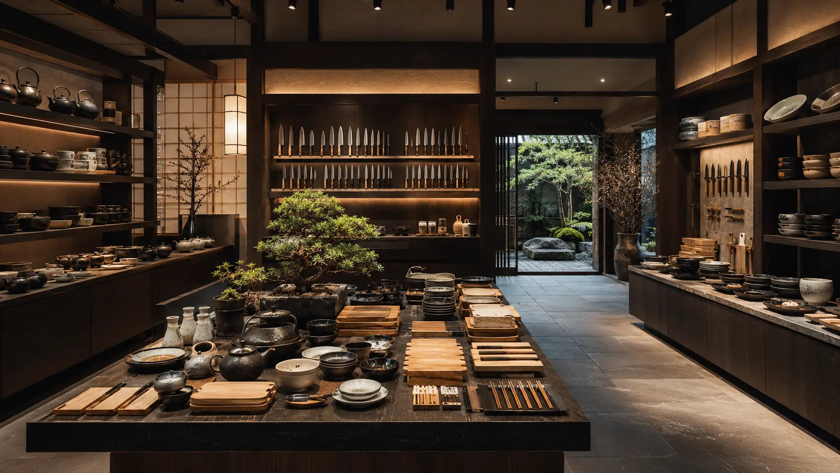 Japanese Kitchen Supply showroom with knives, teapots, bowls, cutting boards and tableware