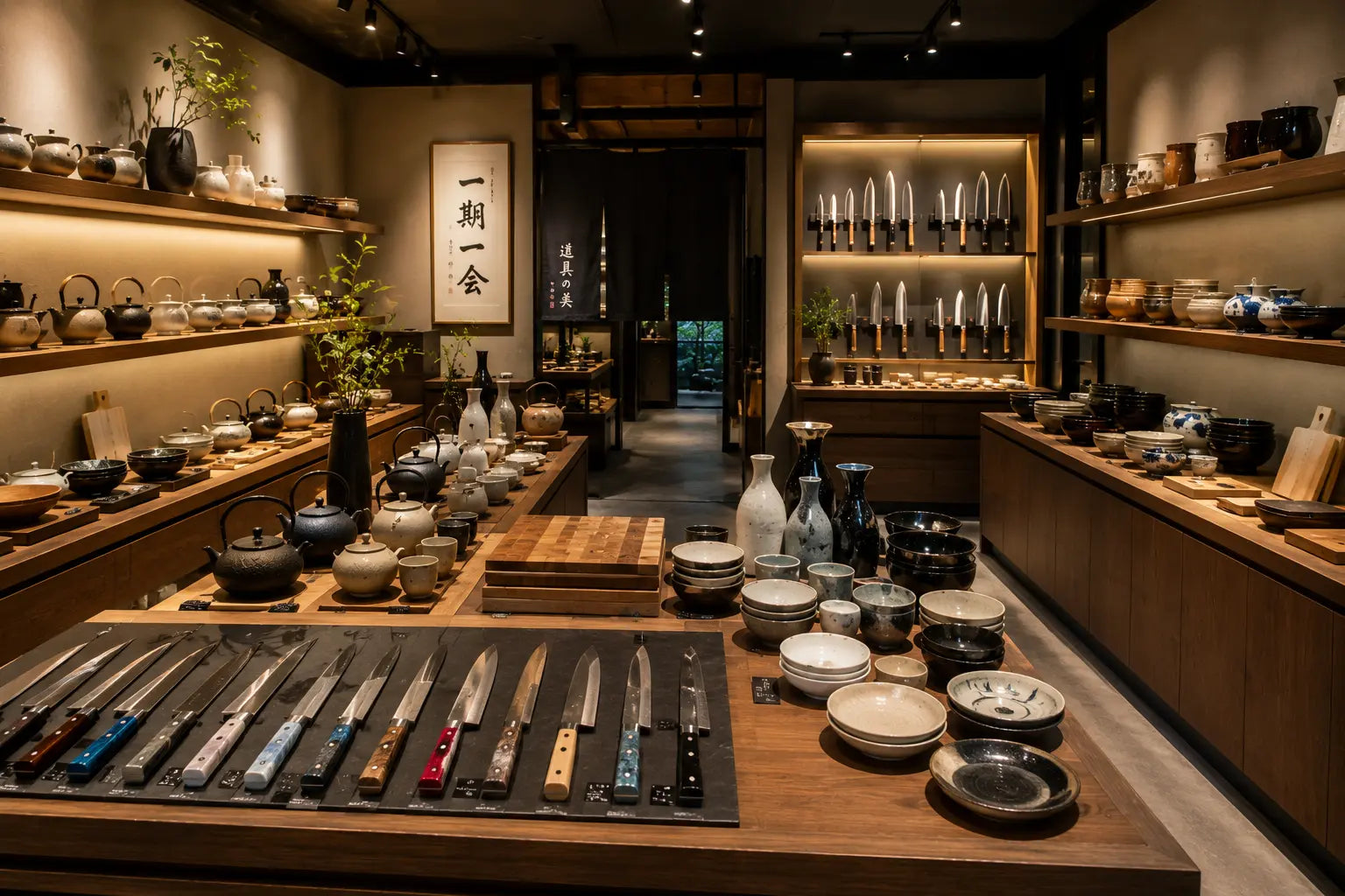 Japanese Kitchen Supply store interior with knives, teapots, bowls and tableware on wooden shelves