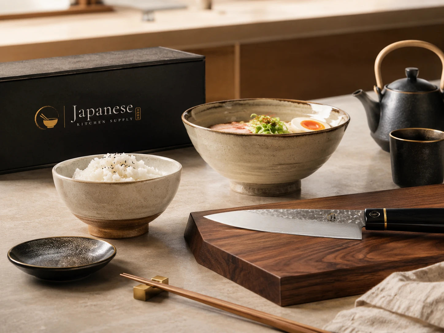 Japanese kitchenware with knives, ceramic bowls, chopsticks and tableware