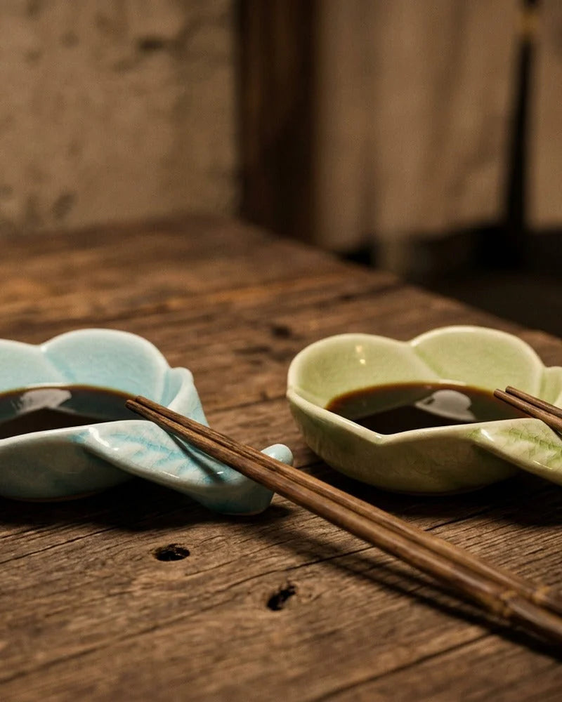 Japanese Kurobe Ceramic Sauce Bowl with Chopsticks Holder - Set Of 2 - set view from Japanese Kitchen Supply