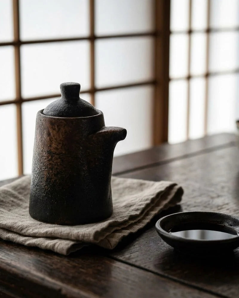 Japanese Kurou Ceramic Sauce Dispenser - Tabletop Bottle for Soy Sauce - alternate angle from Japanese Kitchen Supply