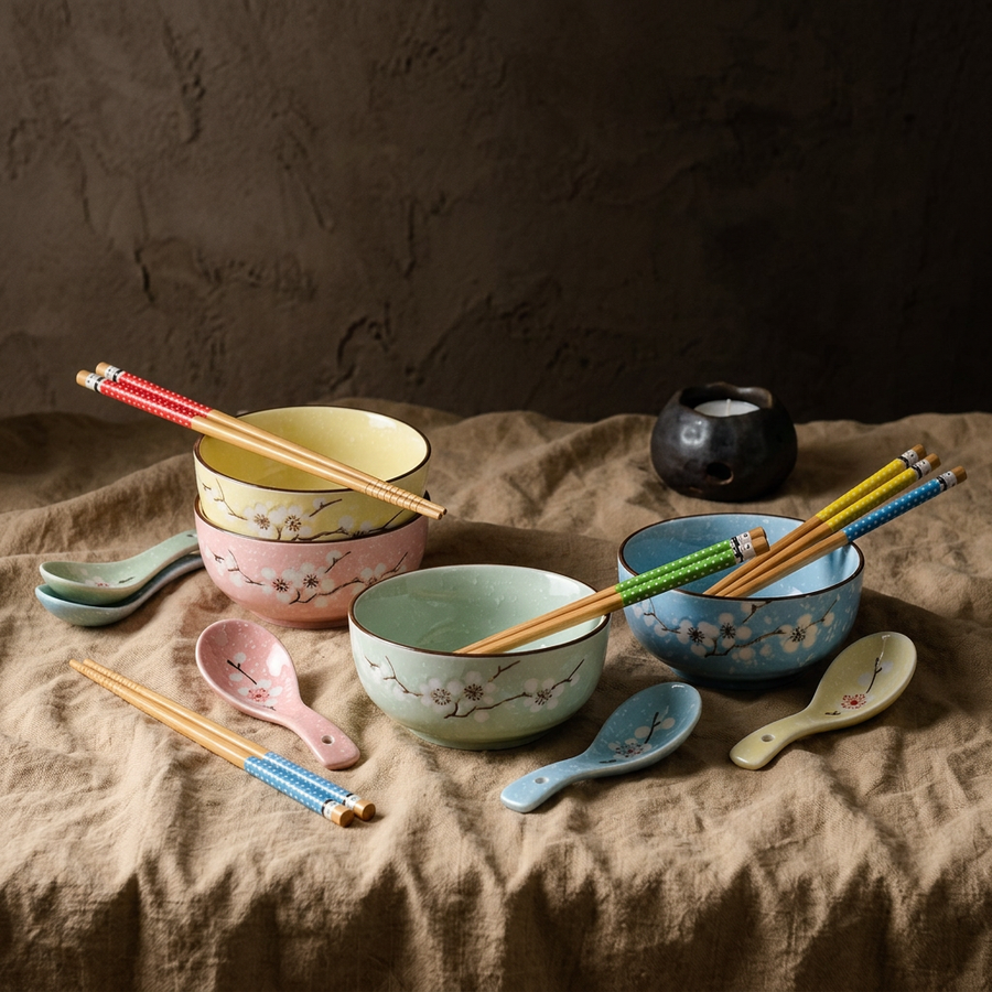 Japanese Mita Dining Set, Bowls, Chopsticks and Spoons, 4 Persons, alternate view