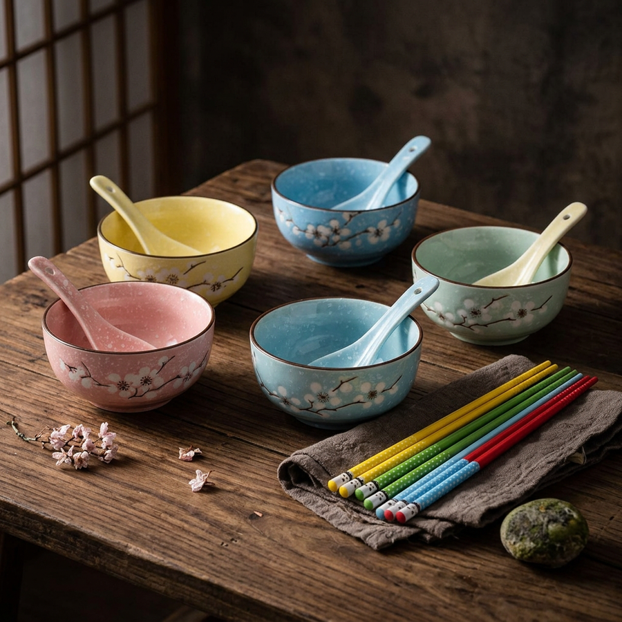Japanese Mita Dining Set, Bowls, Chopsticks and Spoons, 4 Persons, alternate view