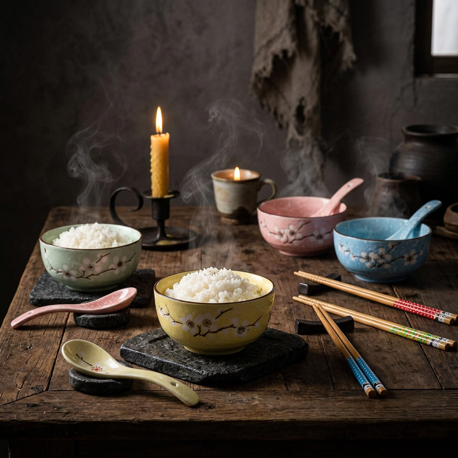 Japanese Mita Dining Set, Bowls, Chopsticks and Spoons, 4 Persons, alternate view