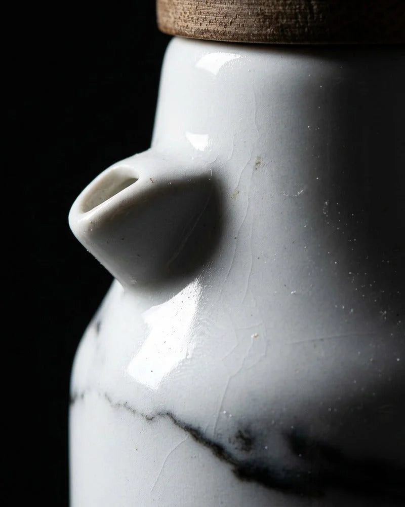 Japanese Motohasunuma Ceramic Sauce Dispenser - Tabletop Bottle for Soy Sauce - close-up detail from Japanese Kitchen Supply