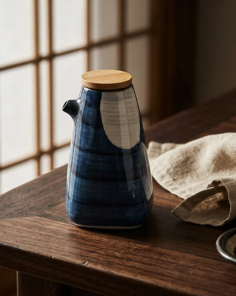 Japanese Mut-tsu Ceramic Sauce Dispenser - Tabletop Bottle for Soy Sauce - alternate angle from Japanese Kitchen Supply