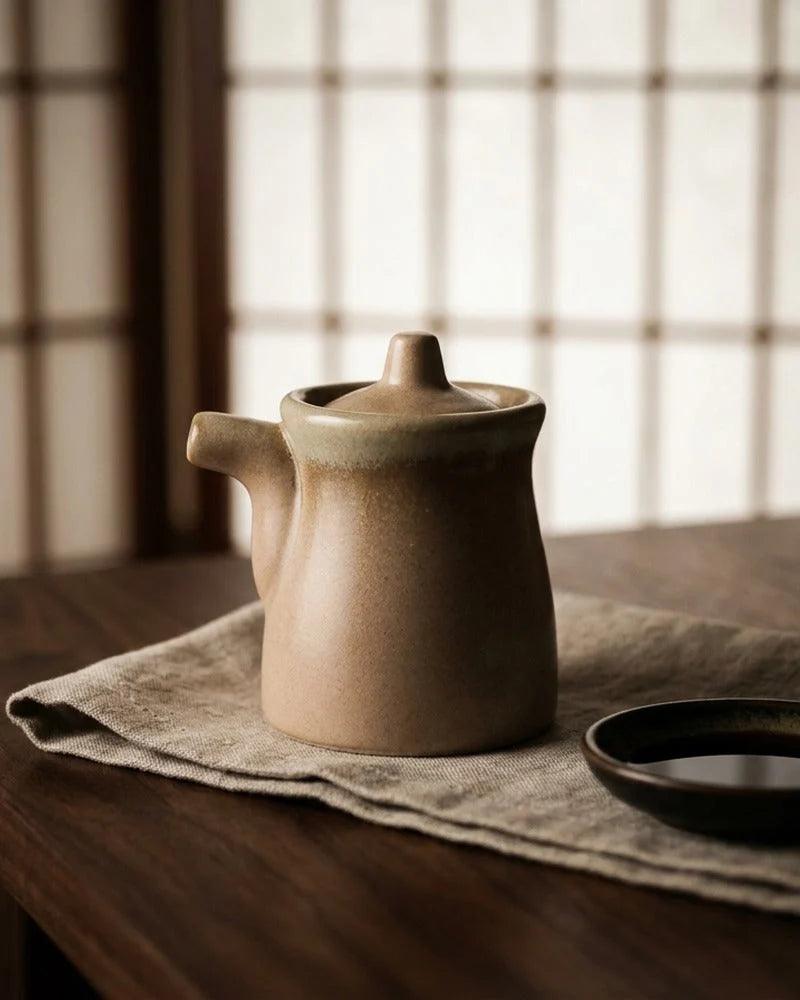 Japanese Nishi Ceramic Sauce Dispenser - Tabletop Bottle for Soy Sauce - alternate angle from Japanese Kitchen Supply