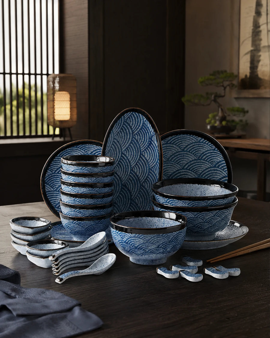 Japanese Seigaiha Ceramic Dinnerware Set - Bowls, Plates & Serving Dishes - 2-Person Set-Tableware-14 from Japanese Kitchen Supply