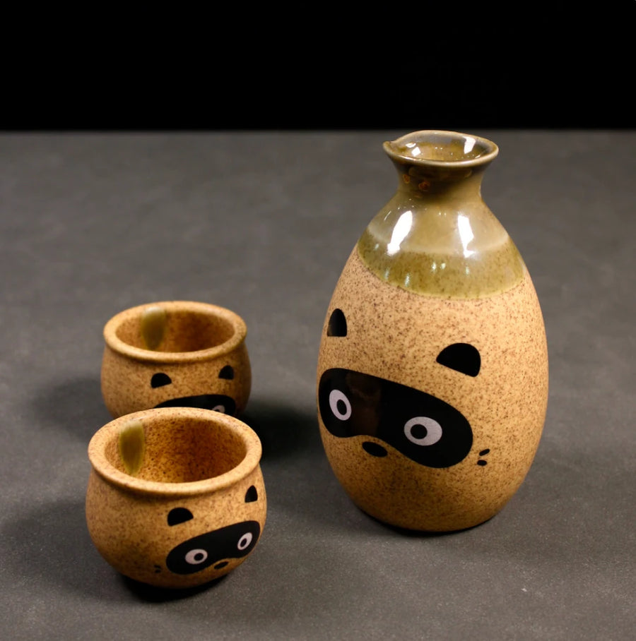 Japanese Tanuki Sake Set - Ceramic Bottle & 2 Cups Gift Box - set view from Japanese Kitchen Supply