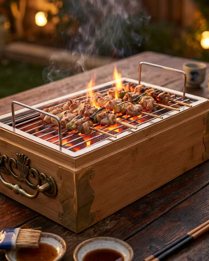 Japanese Toshokan Portable Charcoal Grill, Bamboo and Stainless Steel, alternate view