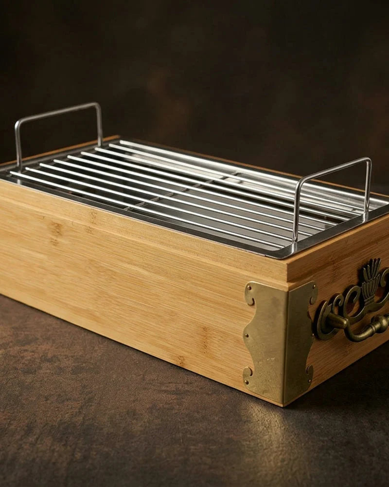Japanese Toshokan Portable Charcoal Grill, Bamboo and Stainless Steel