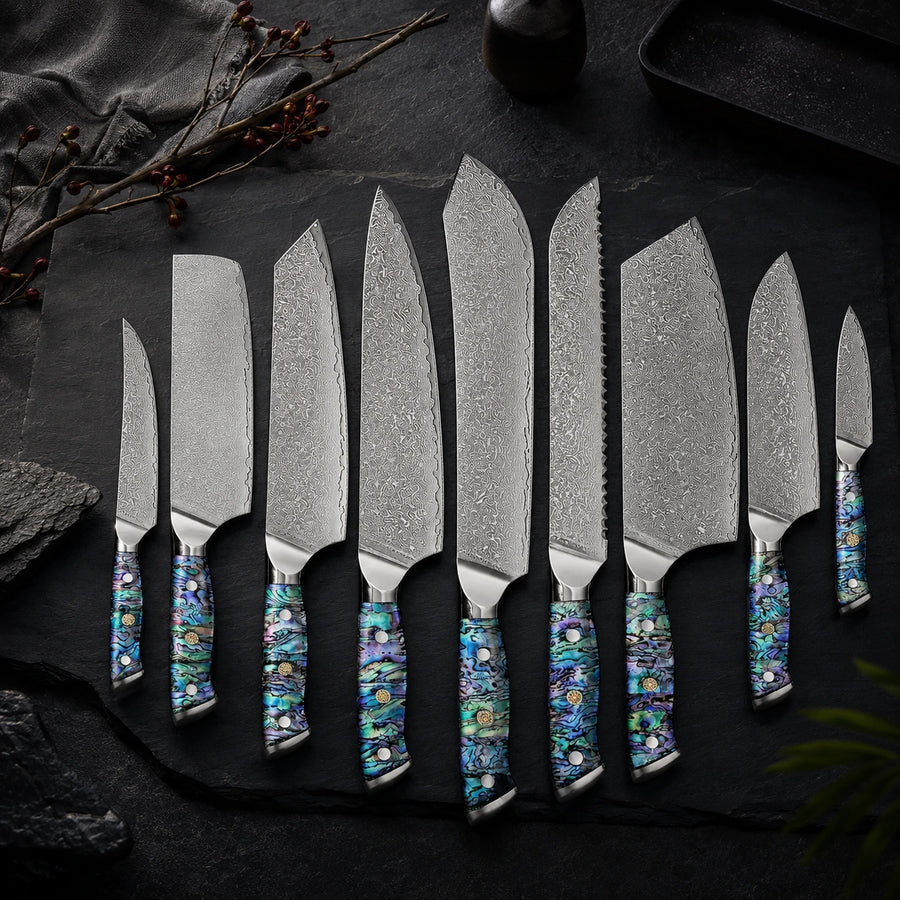 9-Piece Japanese VG10 Damascus Knife Set with Abalone Shell Handle