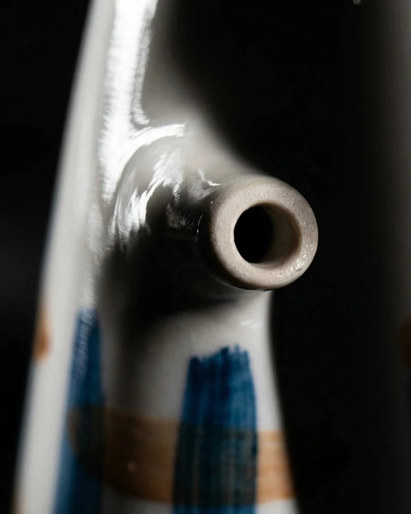 Japanese Yot-tsu Ceramic Sauce Dispenser - Tabletop Bottle for Soy Sauce - close-up detail from Japanese Kitchen Supply