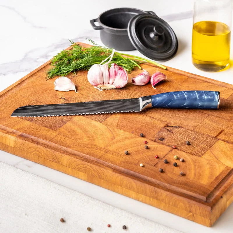 Damascus Print Epoxy Sapphire Bread Knife 20cm Serrated Kitchen Knife detail view