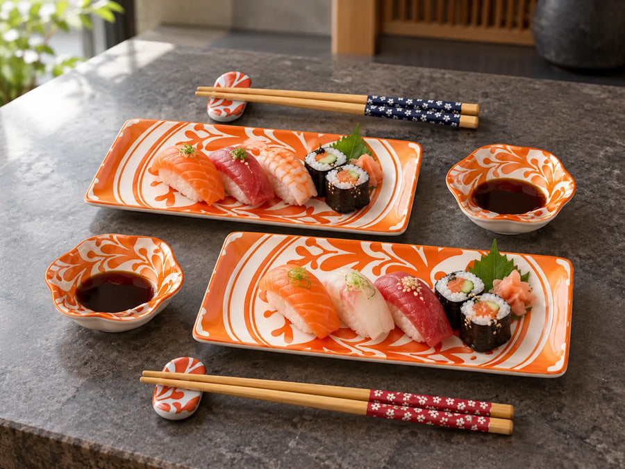 Japanese-style ceramic sushi set on a dark stone tabletop, featuring two rectangular orange-and-white patterned plates with assorted nigiri and maki sushi, two small matching bowls of soy sauce, chopsticks with patterned fabric sleeves, and small chopstick rests.