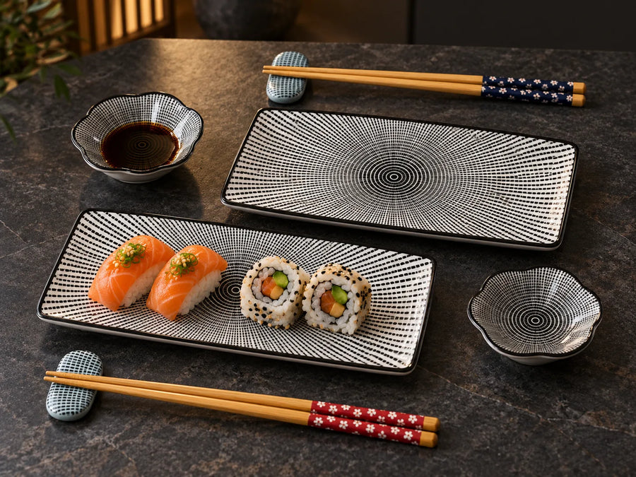 A set of Japanese-style dinnerware and chopsticks arranged on a dark tabletop. The set includes two rectangular plates with black and white radiating dot patterns, two small flower-shaped bowls (one with soy sauce, one empty), and four pairs of wooden chopsticks with blue, red, and white patterned handles.