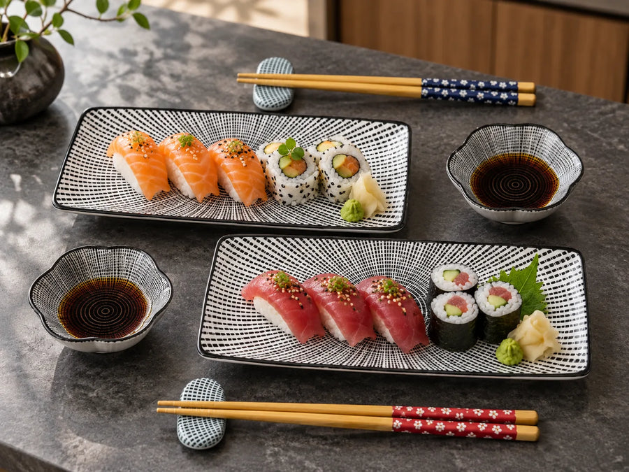 Two rectangular black-and-white patterned sushi plates on a gray stone table, styled with sushi, two small bowls of soy sauce, and chopsticks on small coasters.