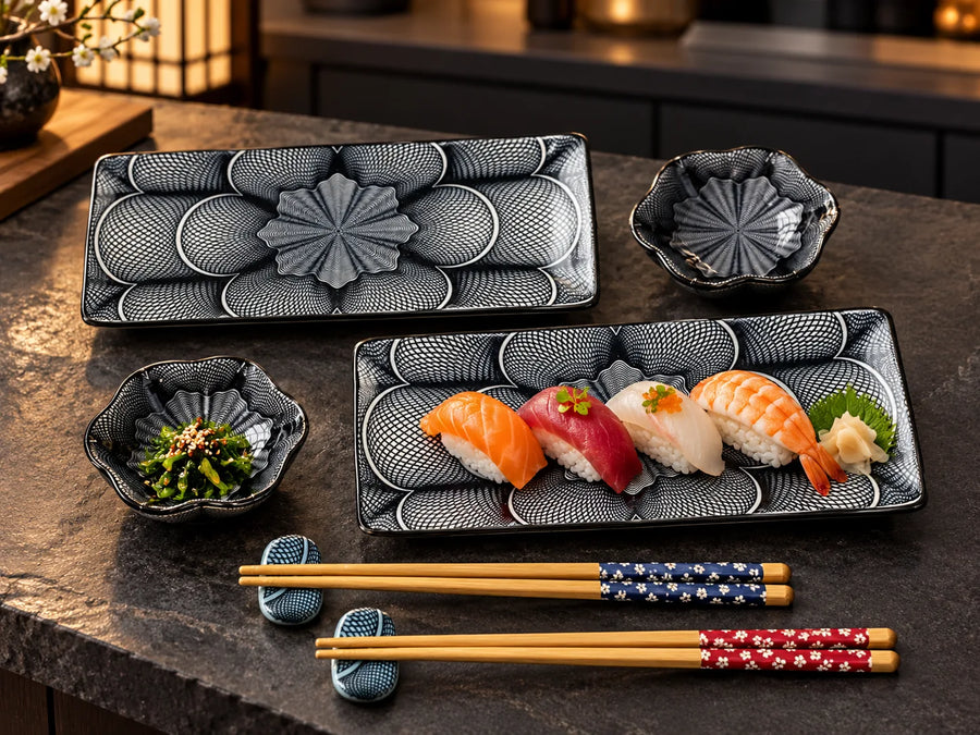 A set of black and gray patterned ceramic sushi dishes and chopsticks arranged on a dark stone table, with sushi pieces placed on one rectangular plate.