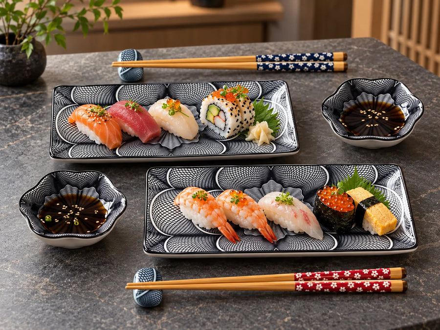 Two rectangular black-and-white patterned ceramic sushi platters with matching small bowls and chopsticks arranged on a dark stone tabletop.