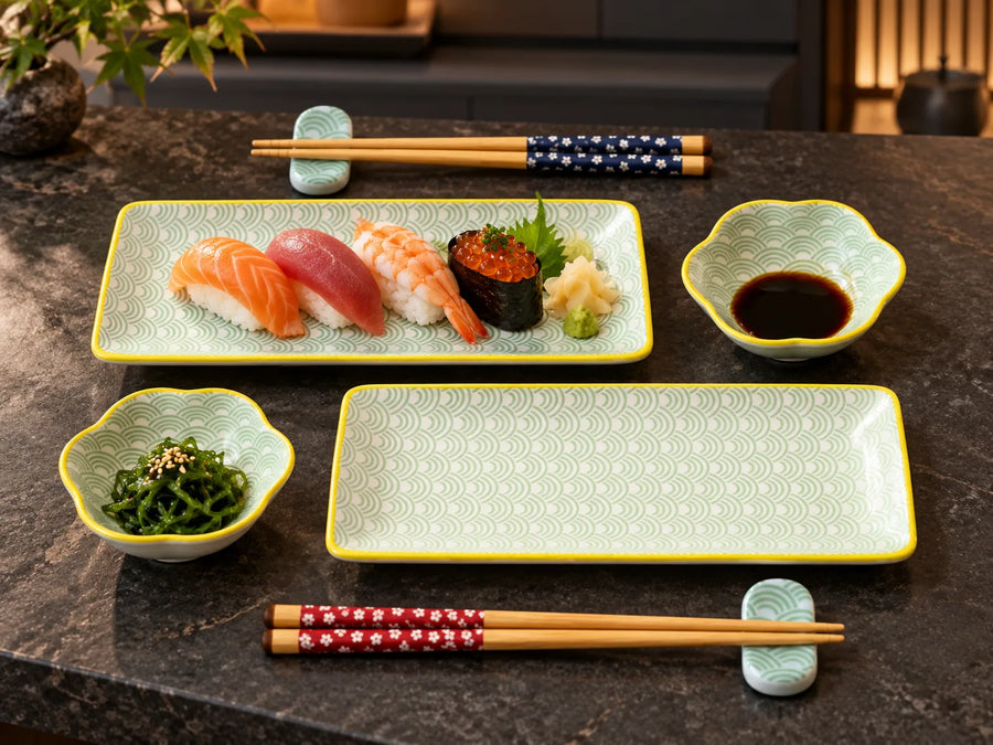 Japanese-style ceramic sushi set on a dark stone tabletop, including two rectangular plates with yellow trim, two flower-shaped dipping bowls, and four pairs of wooden chopsticks with decorative fabric wraps.