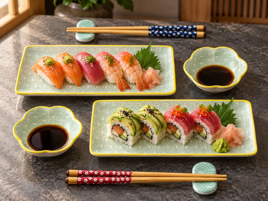 Two rectangular ceramic sushi plates with yellow trim and light green wave patterns, shown with soy sauce bowls, chopsticks, and garnishes on a dark stone tabletop.