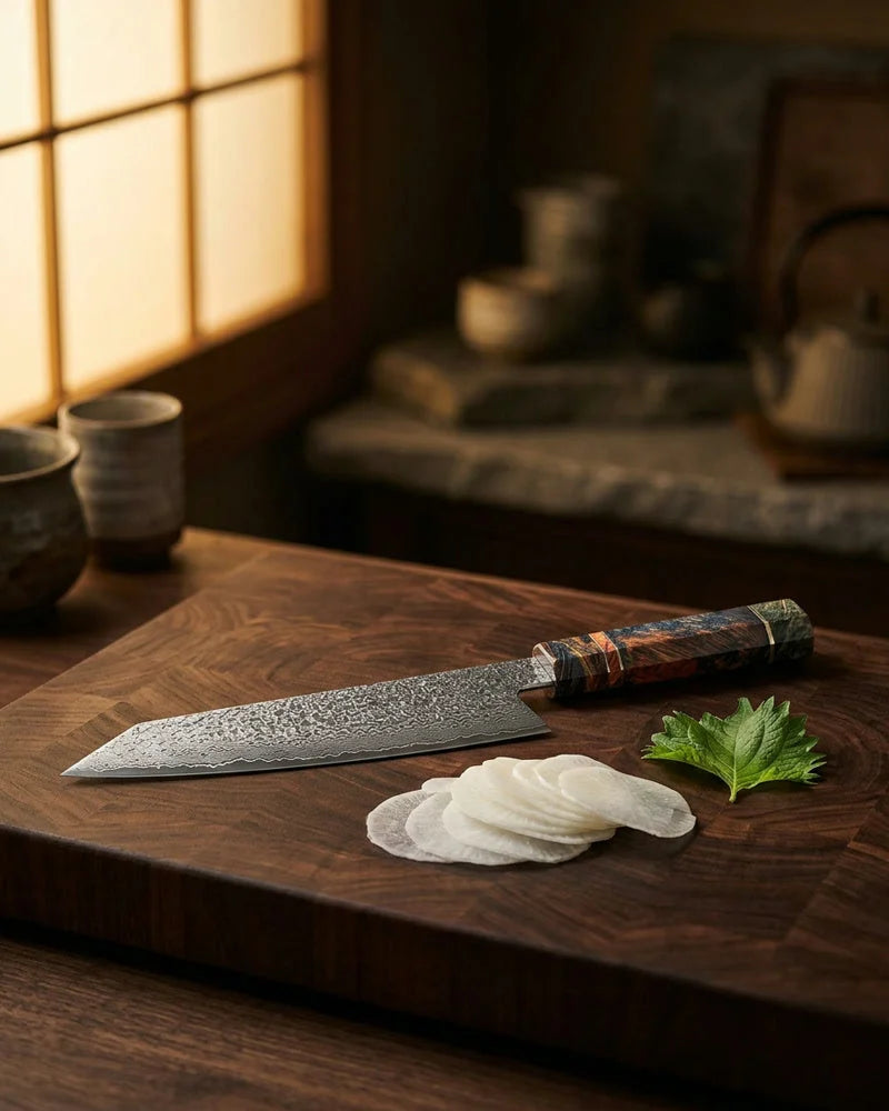 Kiritsuke Octagons Damascus Knife 23 cm - Style 1 lifestyle photo