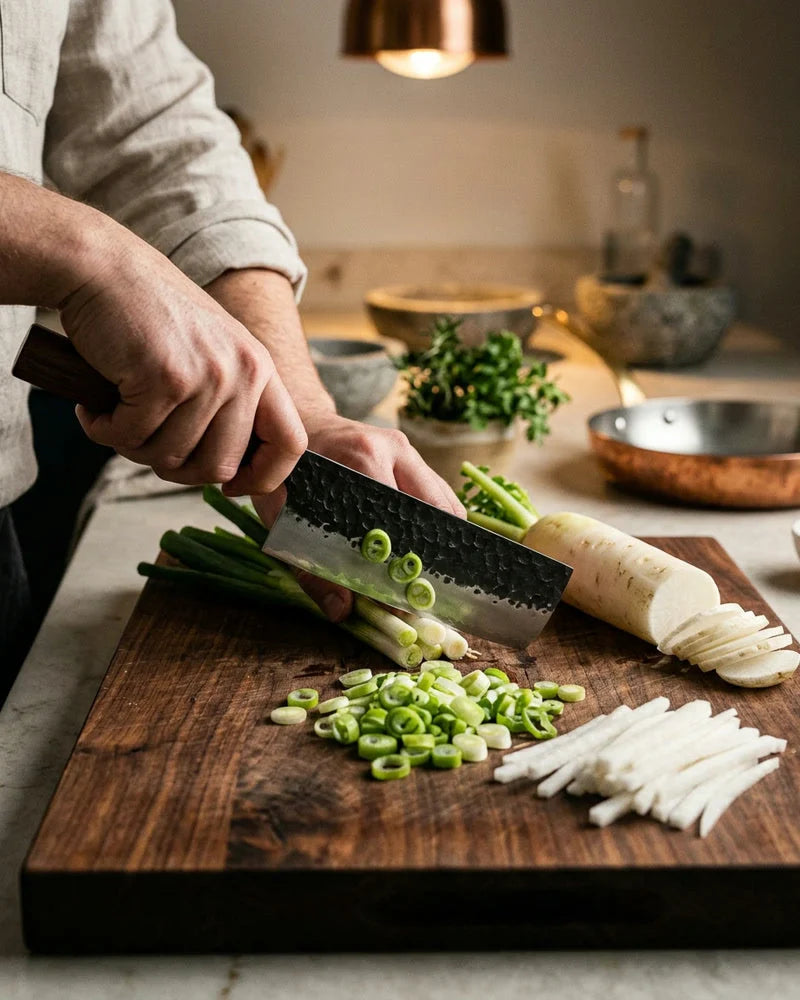 Kurayami Damascus Nakiri Knife 18cm lifestyle photo