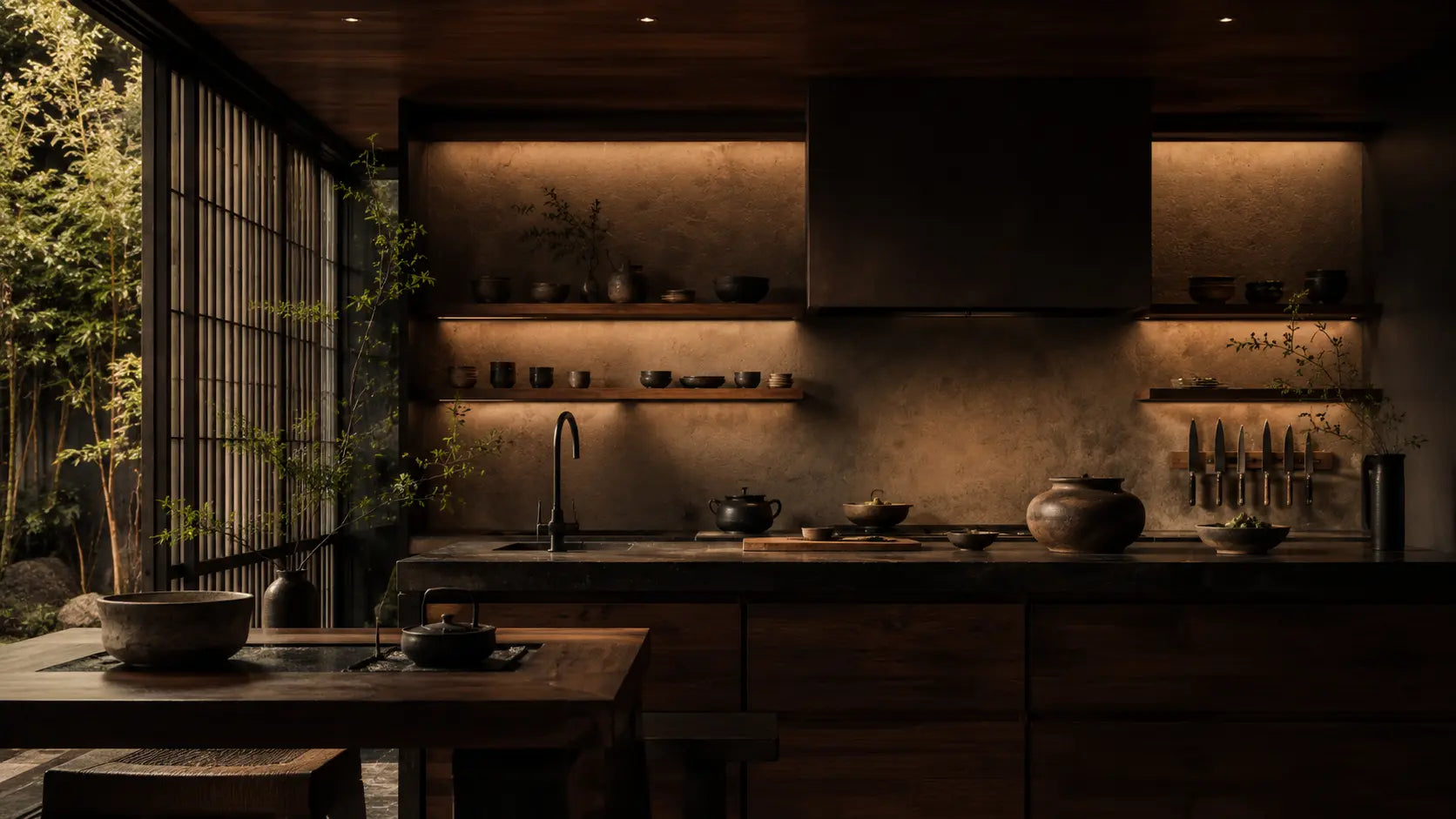 Modern Japanese-style kitchen interior with knives, cookware, bowls and warm wooden shelves