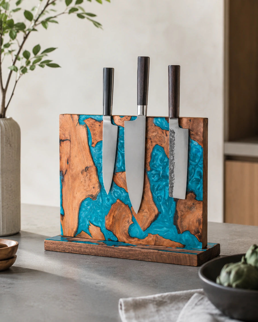Turquoise Resin & Wood Magnetic Knife Holder for Japanese kitchenware and home dining
