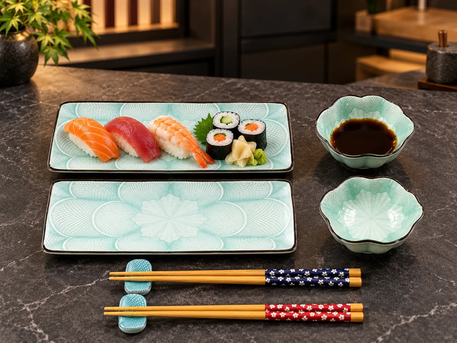 A Japanese-style ceramic dining set on a dark marble countertop, featuring a rectangular plate with sushi, a matching empty plate, two small flower-shaped bowls (one with soy sauce, one empty), chopsticks, and chopstick rests.