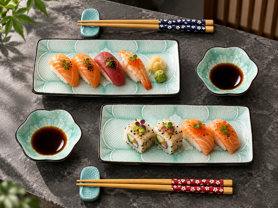 A styled overhead view of a sushi dining set on a dark stone table, featuring two rectangular light aqua ceramic plates with scalloped patterns, two matching flower-shaped dipping bowls with soy sauce, two chopsticks on small blue stands, and two chopsticks with floral-patterned handles.