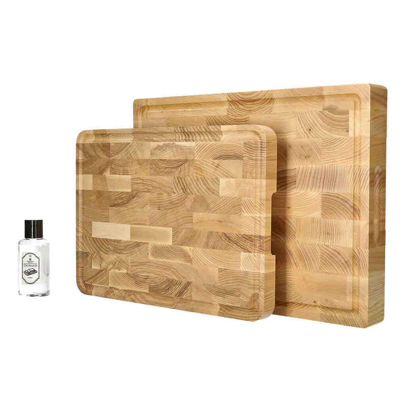 Ash Wood End Grain Cutting Board Bundle | Large + Compact Board + Oil Set