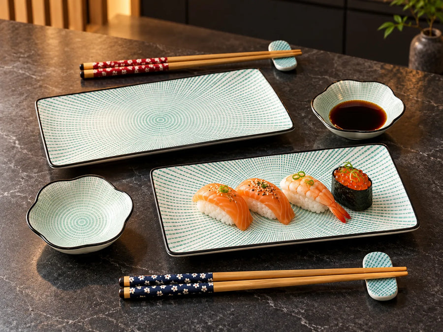 Japanese-style ceramic dinnerware set on a dark marble tabletop, including two rectangular plates with concentric wave patterns, two small flower-shaped bowls, chopsticks with decorative fabric sleeves, and a small dish of soy sauce. Sushi is served on one of the plates.