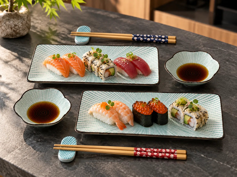 Japanese sushi plates and chopsticks arranged on a dark stone table, with two rectangular plates of nigiri and maki sushi, small flower-shaped bowls of soy sauce, and chopsticks resting on blue and red stands.