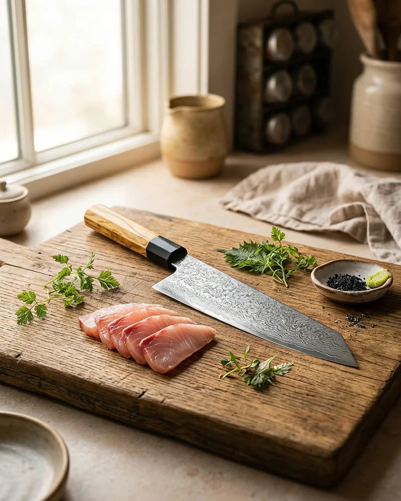Takumi Kaza Damascus Kiritsuke Knife 20 cm lifestyle photo
