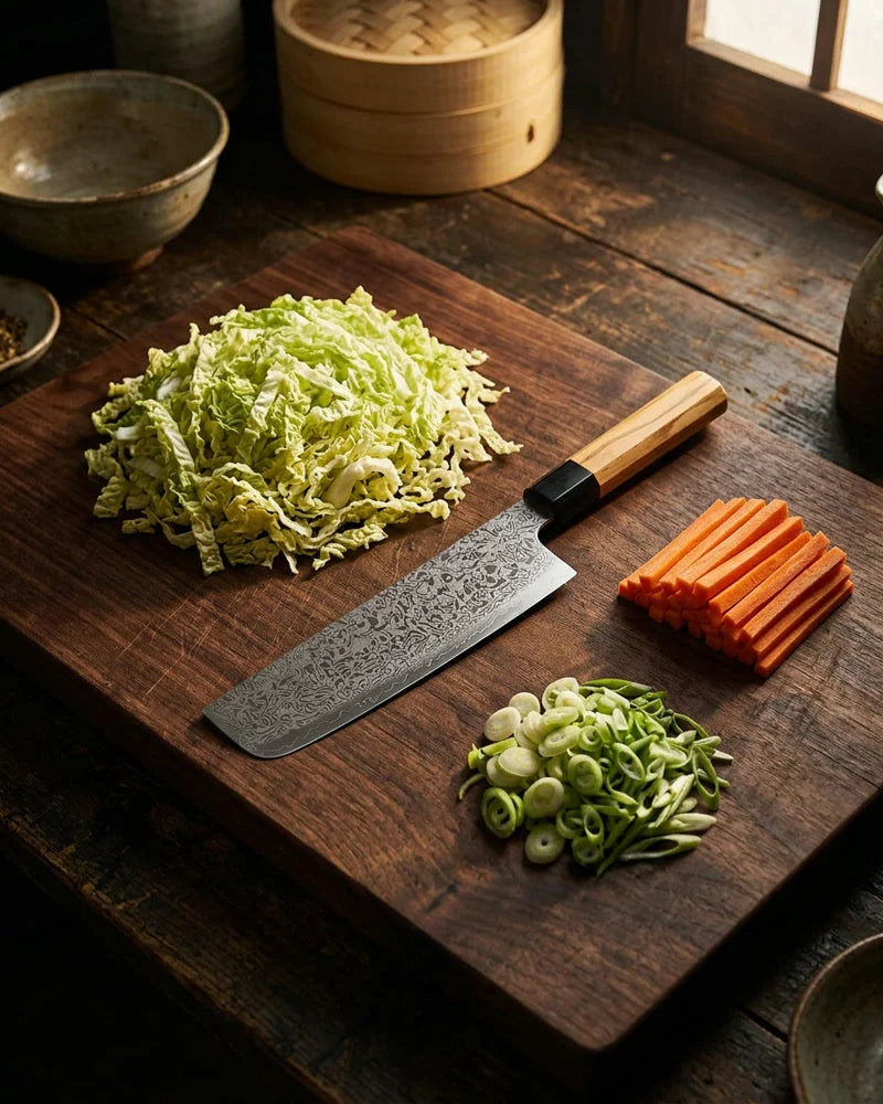 Takumi Kaza Damascus Nakiri Knife 18cm lifestyle photo