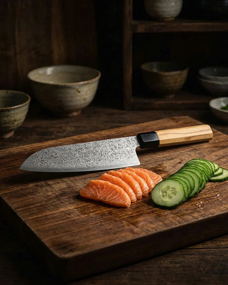 Takumi Kaza Damascus Santoku Knife 18cm lifestyle photo