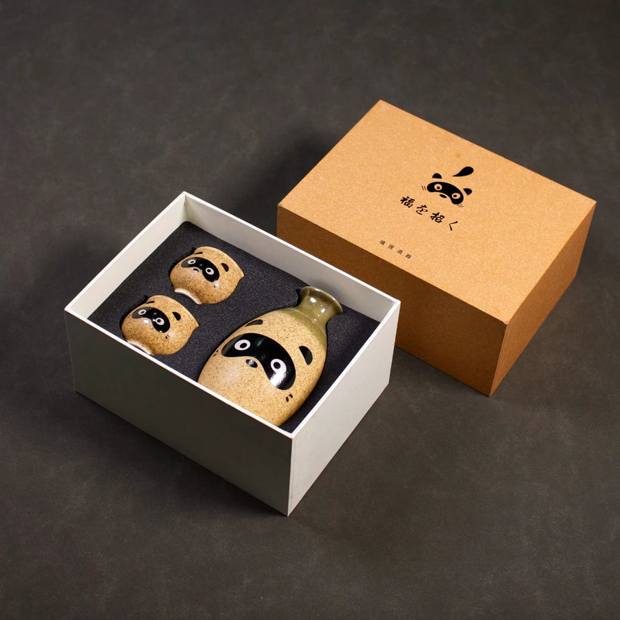 Tanuki Sake Set – Ceramic Bottle & 2 Cups Gift Box