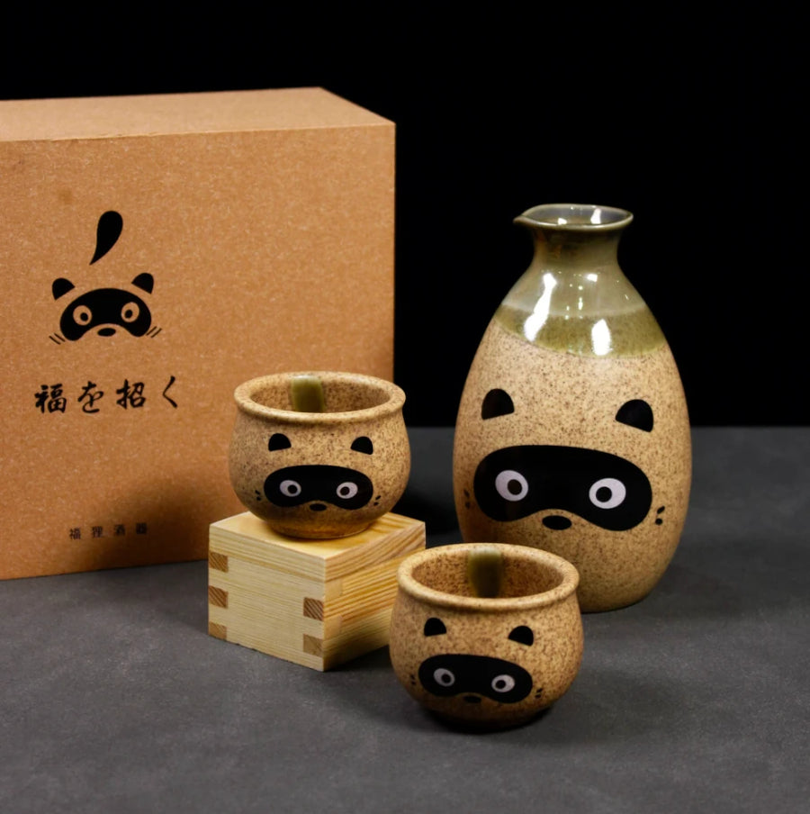 Tanuki Sake Set – Ceramic Bottle & 2 Cups Gift Box