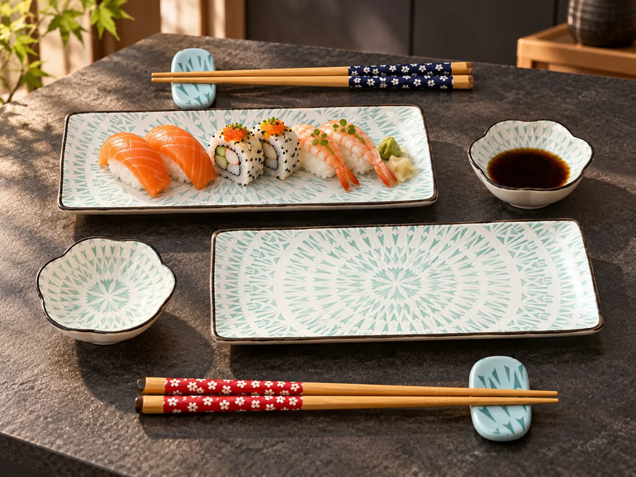 Japanese-style ceramic dinnerware set on a dark stone table, including two rectangular plates with light blue mandala patterns, two small bowls, and four pairs of wooden chopsticks with floral-patterned fabric wraps.